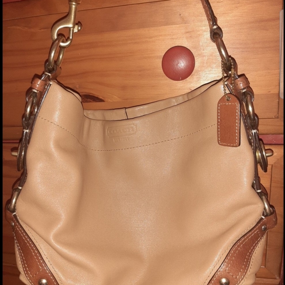 Coach Carly  Medium Two Tone Tan Leather Hobo Handbag.